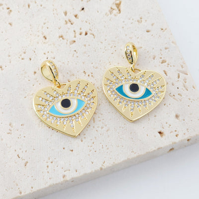 Heart Shape Evil Eye Charm, 18K Gold Plated Micro CZ Pave Enamel Eye Pendant, 22x20mm, Necklace Making Charm, Jewelry Findings S901