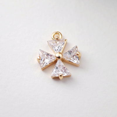 CZ Pave Flower Charm, Cubic Pendant, Earring Connectors, Real Gold Plated Brass Earring Charms, Jewelry Findings D0075