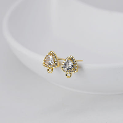18K Gold Post, Triangle Earrings, CZ Pave, 10.7*8.4mm, S925 silver pin, Stud Earring Nickel Free, Hypoallergenic Earring Findings D0407