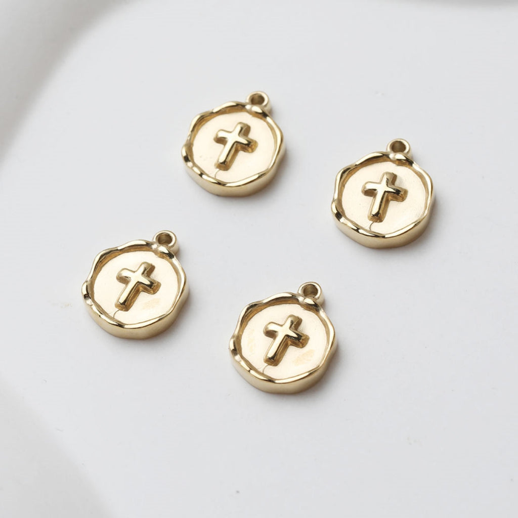 Gold Coin Pendant, Stainless Steel Round Pendant, Cross Charm for Necklace Making, Jewelry Findings GT027