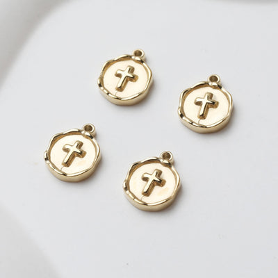 Gold Coin Pendant, Stainless Steel Round Pendant, Cross Charm for Necklace Making, Jewelry Findings GT027