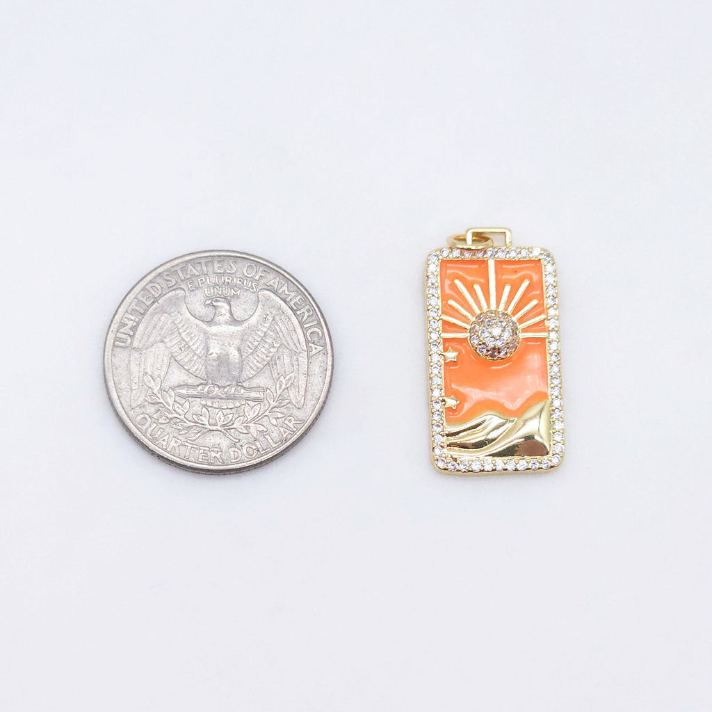 Enamel Sun Card Charms, Micro CZ Pave Sun Pendant, Black, Orange, Blue, 18K Gold Plated, Necklace Making Charms, Jewelry Findings S20427