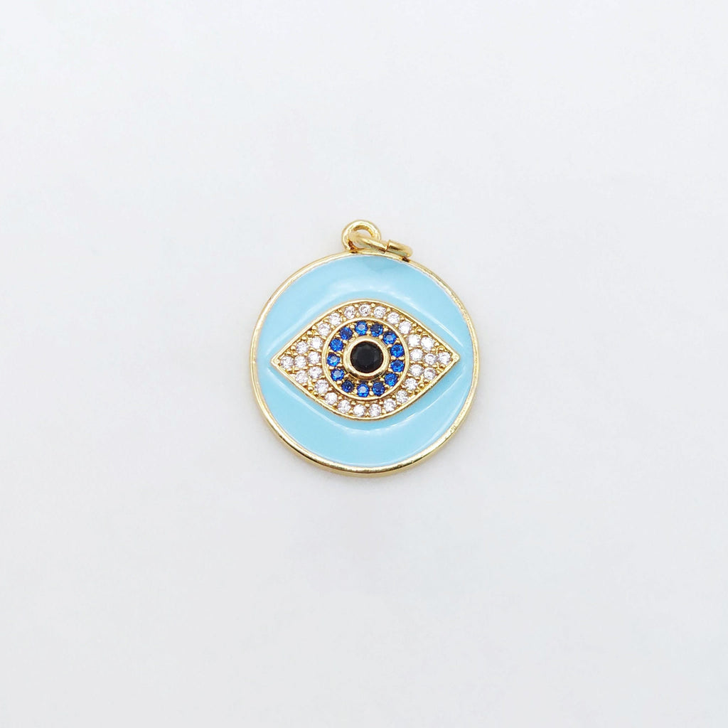 Enamel Cubic Evil Eye Charm, 18K Gold Plated Micro CZ Pave Round Pendant, 19mm, Necklace Making Charm, Jewelry Findings S20505