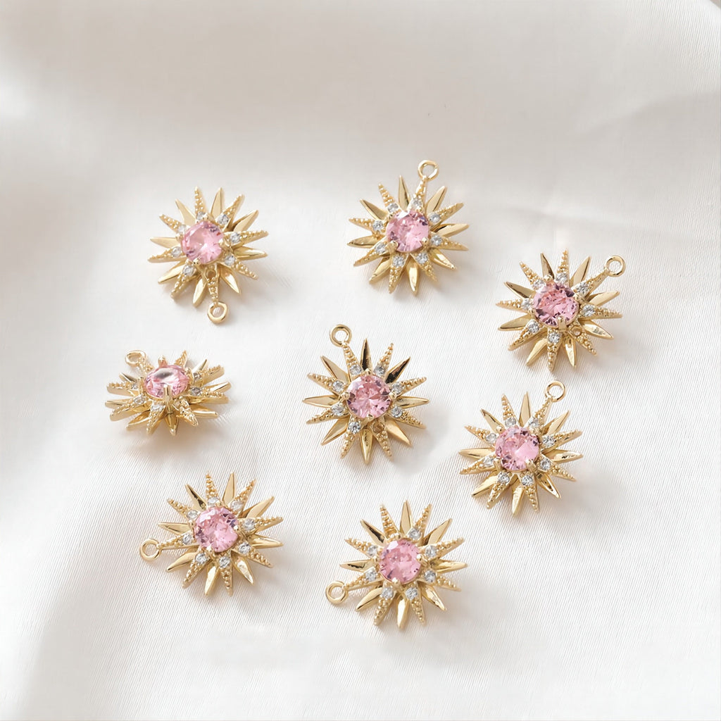 Danity Sun Shape Pendant, 14K Gold Plated, Crystal Charms, 15x17mm Jewelry Findings JH034