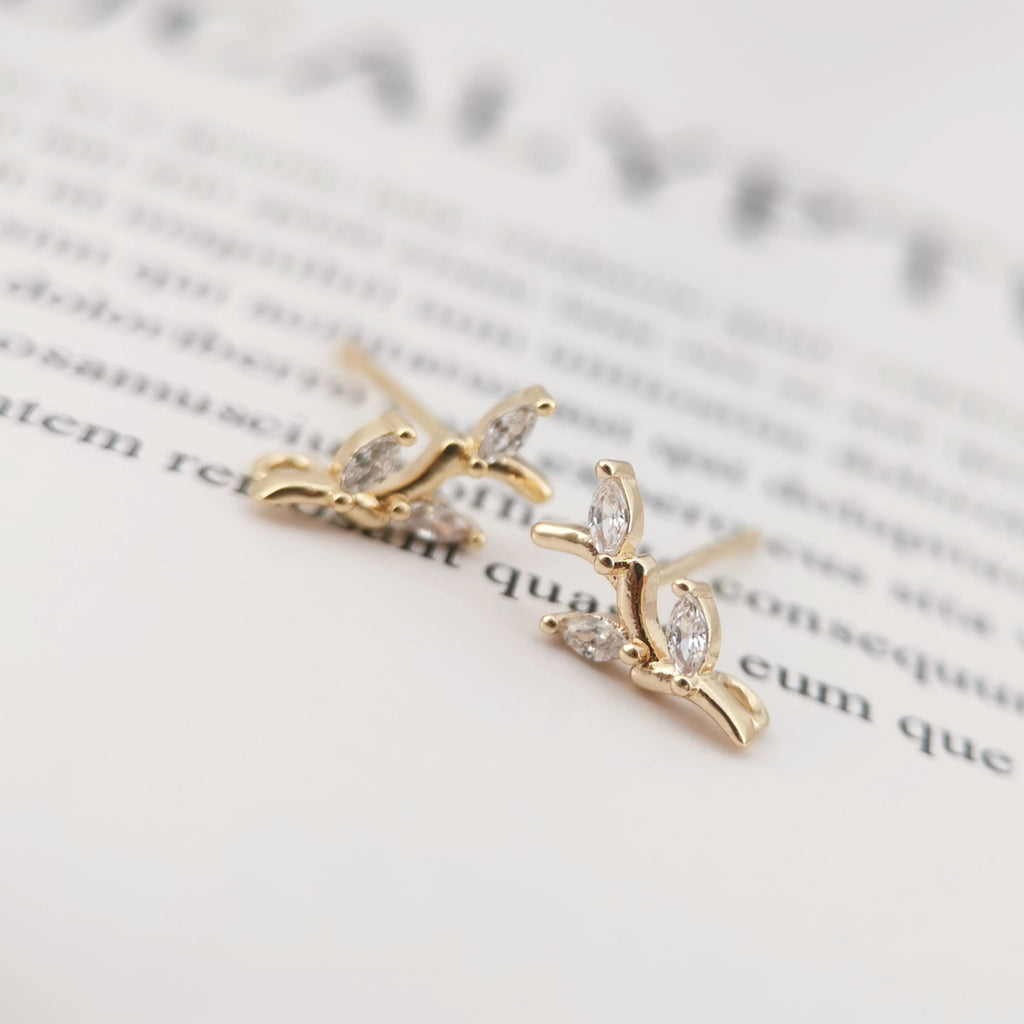 4pcs Gold Leaf Earring Post With Loop, S925 Silver Ear Pin Nickel Free Earrings, CZ Pave Ear Stud, Hypoallergenic Earring Findings ZX039