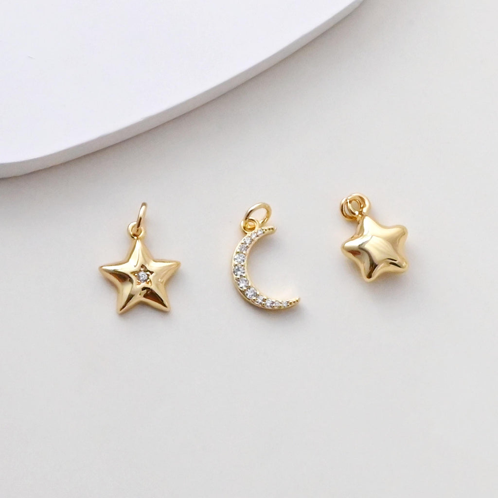 CZ Pave Star Charms, Moon Charms, Crystal Cubic Pave Pendant, 18K Gold Plated, Necklace And  Earring Making, Jewelry Findings S1386