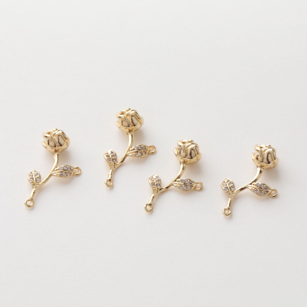 Gold Rose Flower Connector Charm with loops, CZ Pave Flower Charm Pendant for Bracelet Necklace Earring, Jewelry Findings JH029
