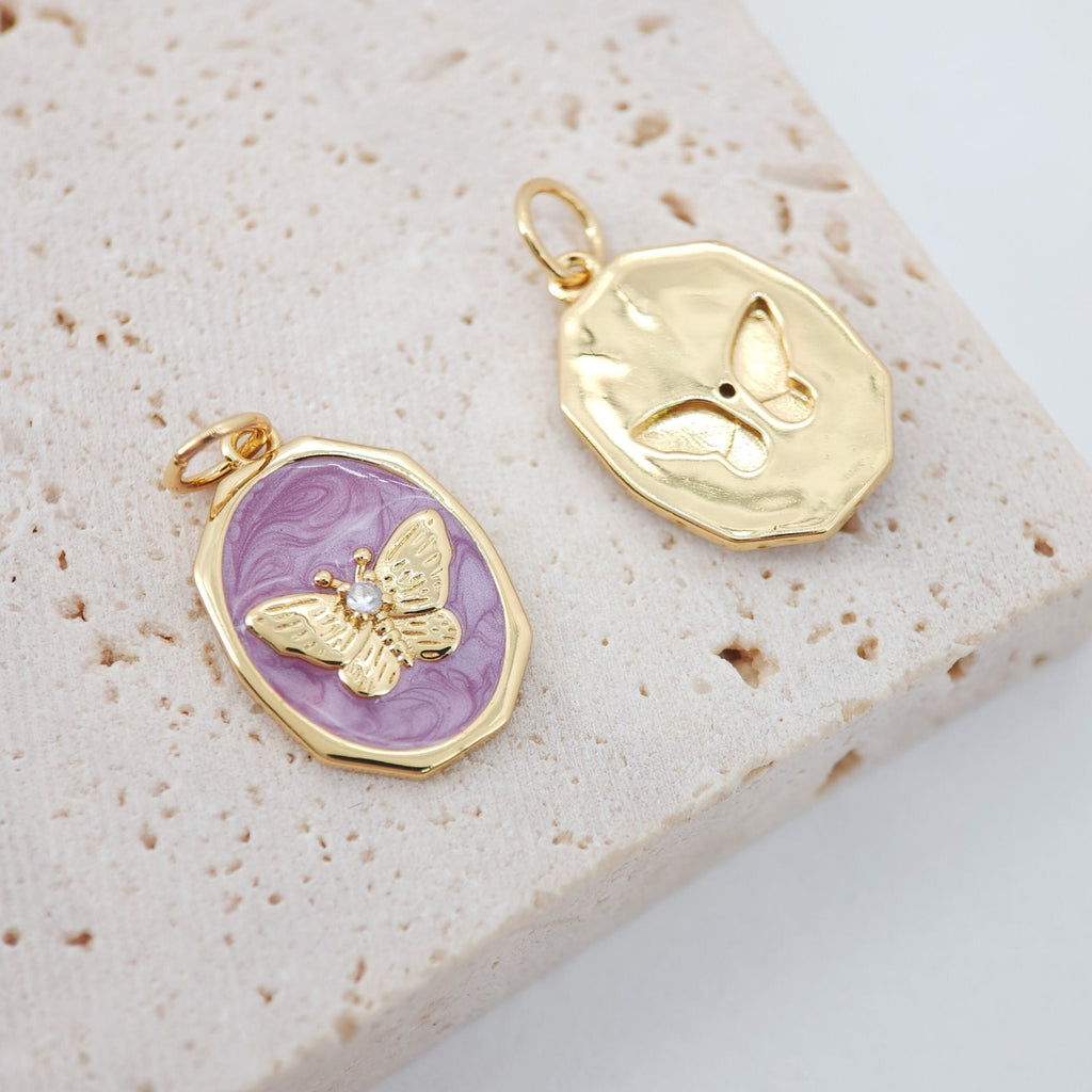 Oval Shape Butterfly Charm, 18K Gold Plated Purple Enamel Butterfly Pendant, 12x18mm, Necklace Making Charm, Jewelry Findings S1075