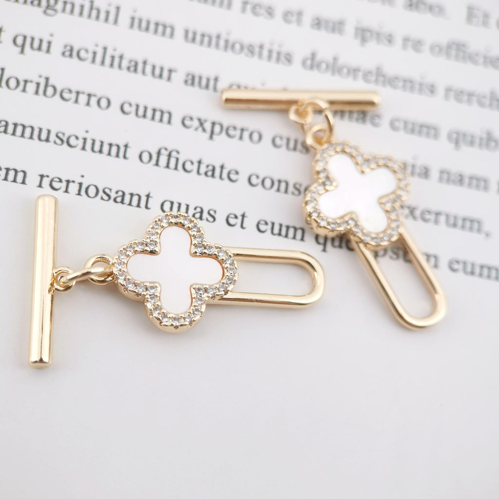 Four Leaf Clover OT Toggle Clasps, 18K Gold Plated OT Buckle, CZ Pave Mother of Pearl, Necklace Closure, Connectors Clasps, ZX050