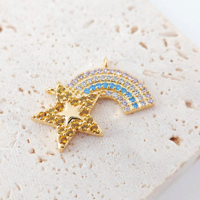 Star&Rainbow Charms, Pave Cubic Star Pendant, 24.5mm, 18K Gold Plated, Necklace charms, Jewelry Findings S20428