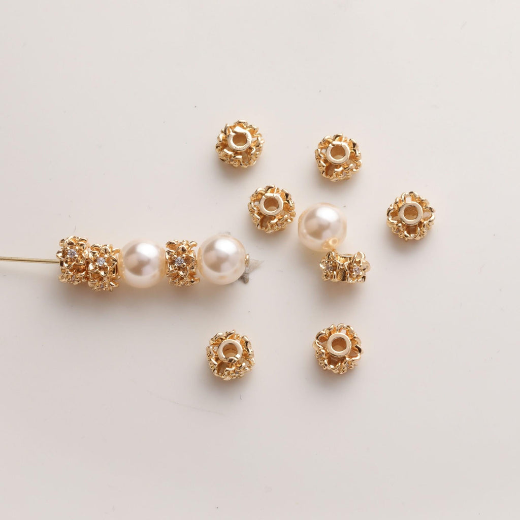 Cuentas espaciadoras con forma de flor de circonita pavé, chapadas en oro y plata de 14 quilates, cuentas redondas, delicadas cuentas para hacer aretes, accesorio de joyería GZ720