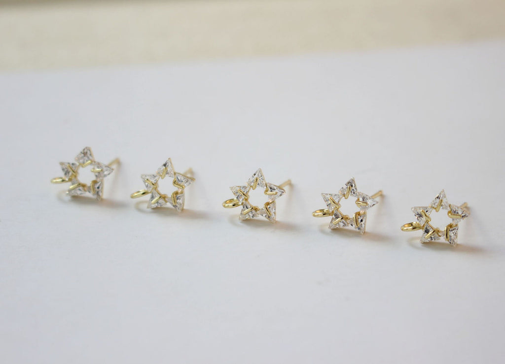 Rectangular Ear Post With Loop, Star, CZ Stone, S925 Silver Ear Pin Nickel Free, Gold Ear Stud, Hypoallergenic Earring Findings GZ179
