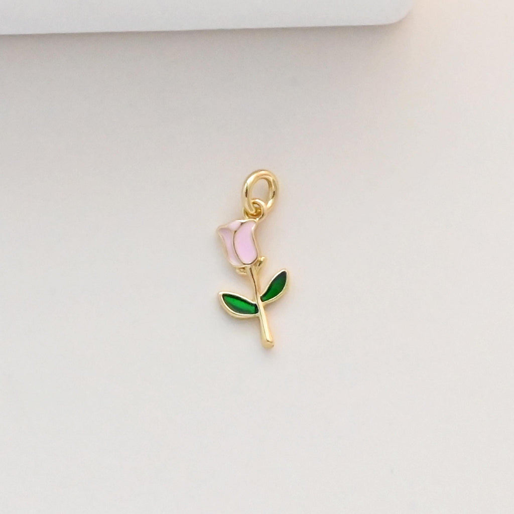 Tiny Rose Flower Charm with loops, Mini Flower, Enamel Pink Rose Charm, Charm for Bracelet Necklace Earring, Jewelry Findings S1327