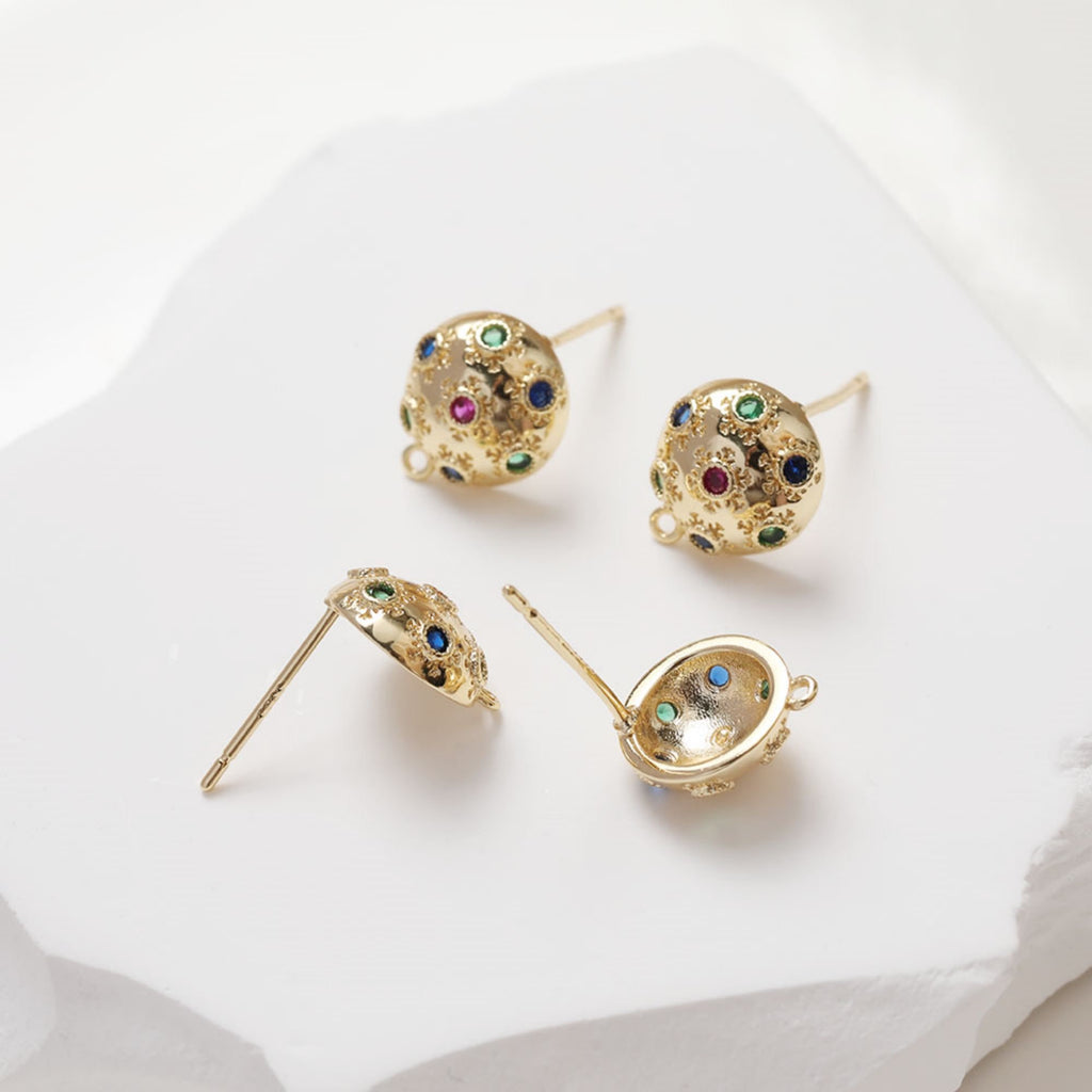 Round Pave Colored CZ Earring Post, S925 Silver Pin, 14K Gold/Silver Plated, Nickel Free Earrings, Irregular Shape Ear Stud with Loop GZ109