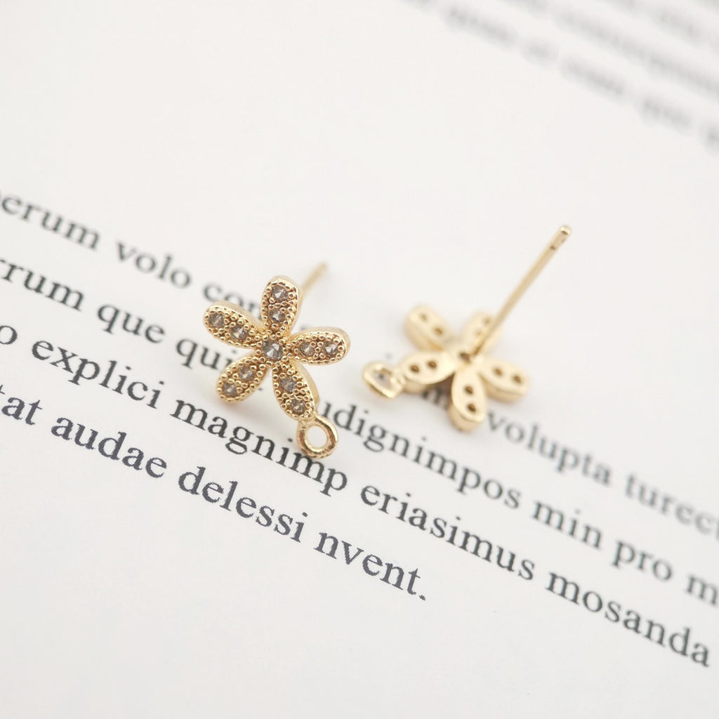 4PCS Flower Earring Post, Real Gold Plated Brass Stud Earring With Loop, S925 Silver Ear Pin, CZ Pave Ear Post, Earring Finding ZX044