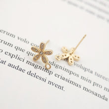 Load image into Gallery viewer, 4PCS Flower Earring Post, Real Gold Plated Brass Stud Earring With Loop, S925 Silver Ear Pin, CZ Pave Ear Post, Earring Finding ZX044