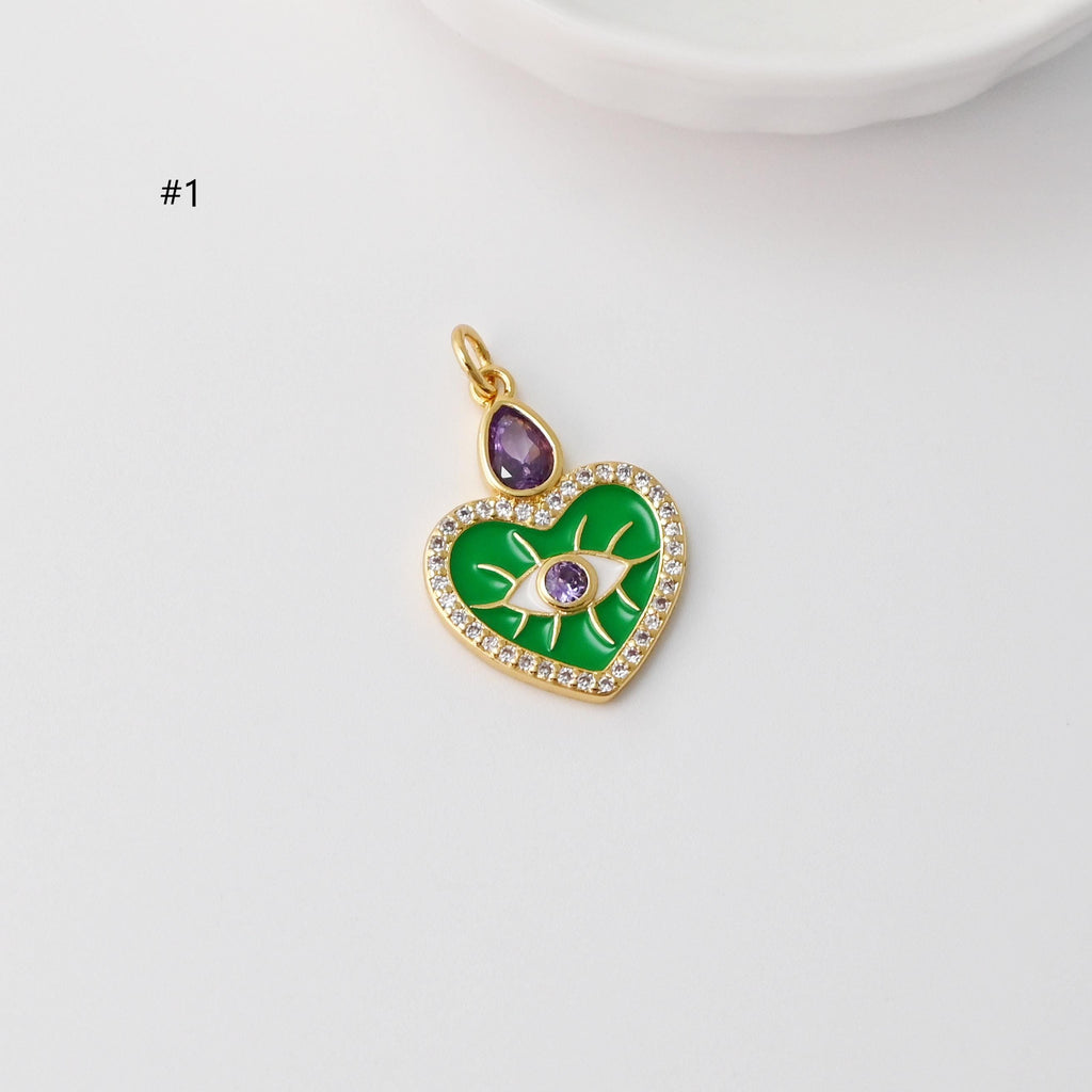 Enamel Heart Evil Eye Charm, Rainbow CZ Pave, Round Eye Pendant, 18K Gold Plated, Necklace Making Charm, Jewelry Findings