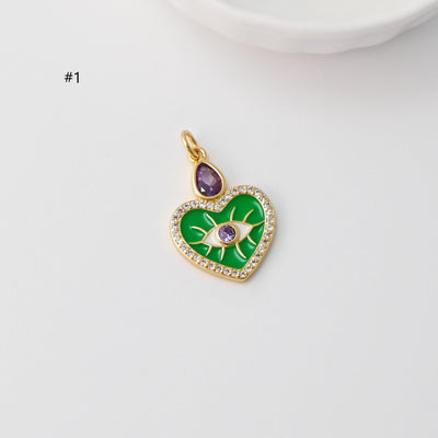 Enamel Heart Evil Eye Charm, Rainbow CZ Pave, Round Eye Pendant, 18K Gold Plated, Necklace Making Charm, Jewelry Findings