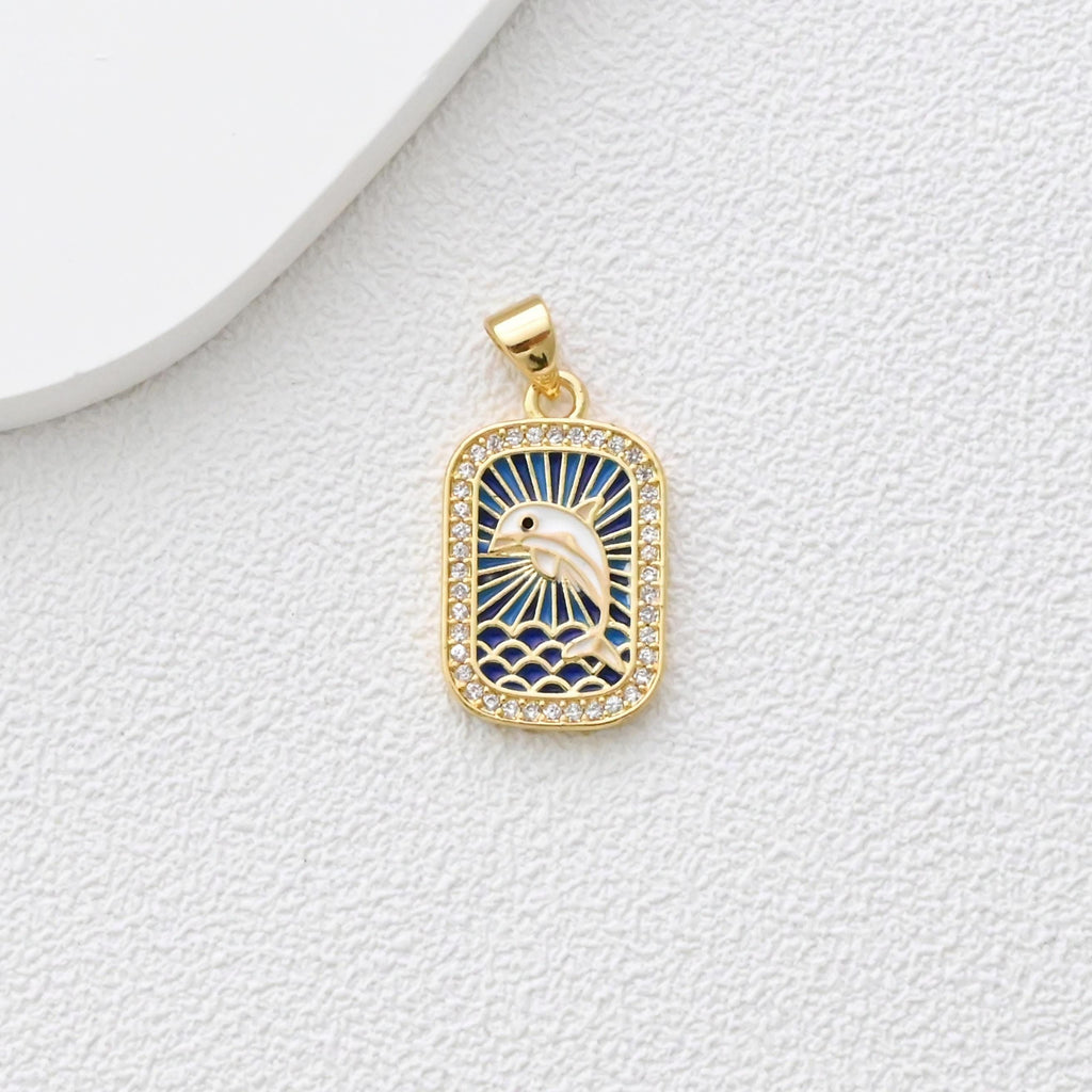 Rectangular Card Charm, Enamel Pendant, 18K Gold Plated, CZ Pave Pendant, Planet Pendant, Necklace Making Charm, Jewelry Findings S1360