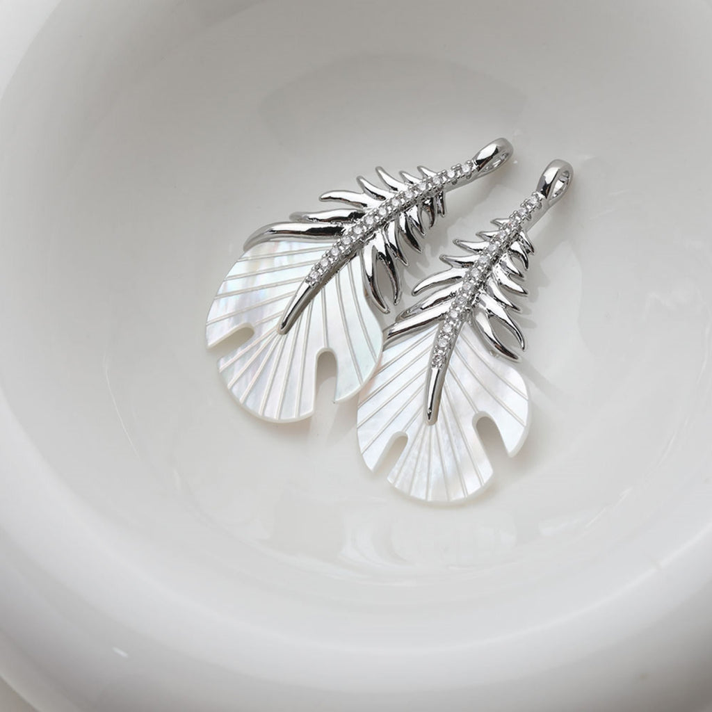 Feather Shell Pendant, Real Gold/Silver Plated, CZ Pave, Jewelry Making Findings GZ533