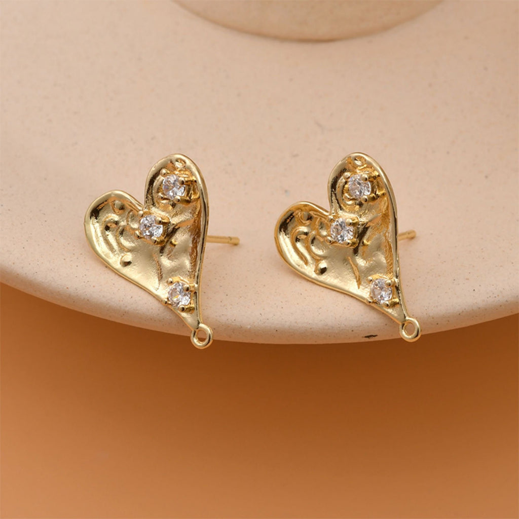 Gold Polished love heart CZ Earring Post,  14K Gold Nickel Free Earrings, S925 Silver Ear Pins, 19mm, Heart Shape Ear Stud with Loop LL239