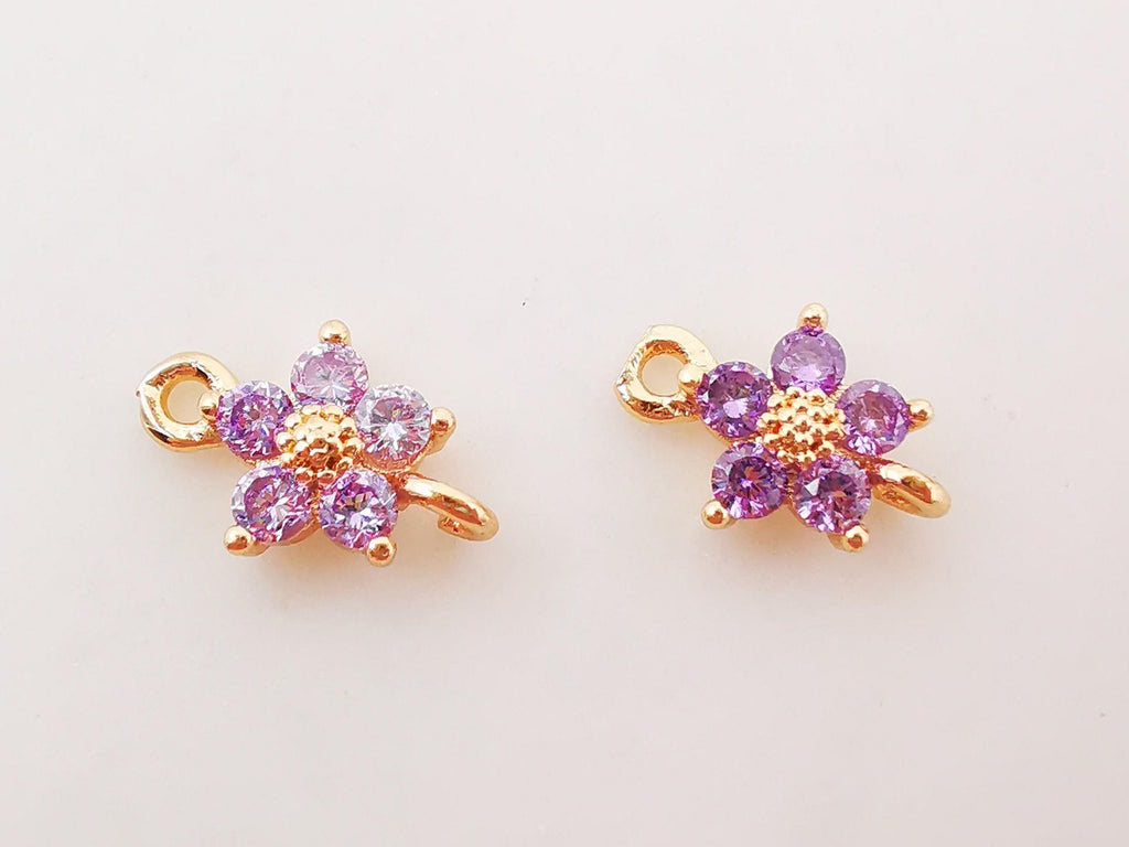 5pcs Flower Connector Charm with loops, Multicolour Cubic Pave Pendant, Bracelet Necklace Making, Gold Plated Jewelry Findings L001-F258