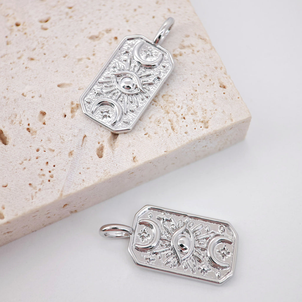 Gold Evil Eye Card Charms, Micro CZ Pave Moon and Star Pendant, 18K Gold Plated Brass, Necklace Making Charms, Jewelry Findings S1005