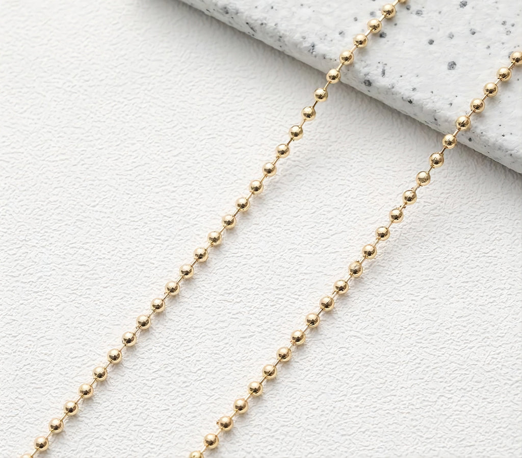 14K Gold Beads Chain, 2mm, 2.4mm in Flat, Necklace Link Chain, Unfinished Chain, Hypoallergenic, Necklace Making Findings GT007