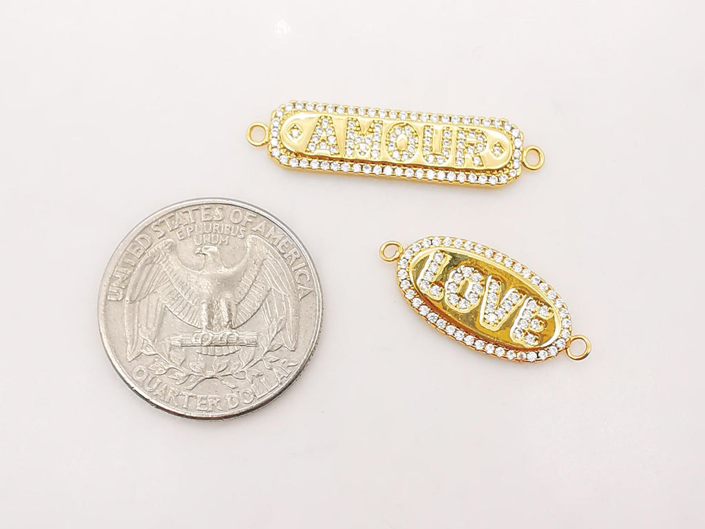 AMOUR/LOVE Chain Connector, 18K Gold Connector, Necklace Bracelet Love Charm,  Micro CZ Pave Connector, Jewelry making Supplies, S921