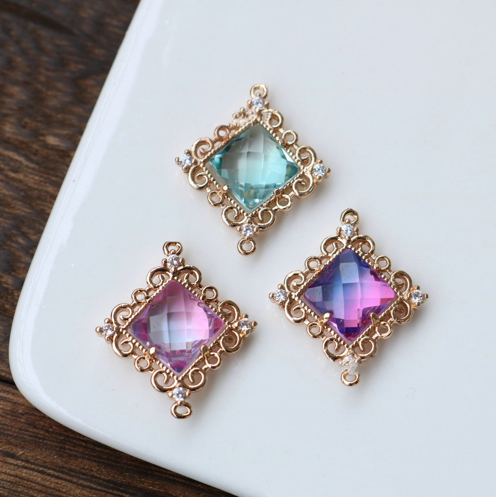 Rhombus Shaped Crystal Pendant, Glass Charm, 14K Gold Plated, CZ Pave, Jewelry Making Findings HL039-F240