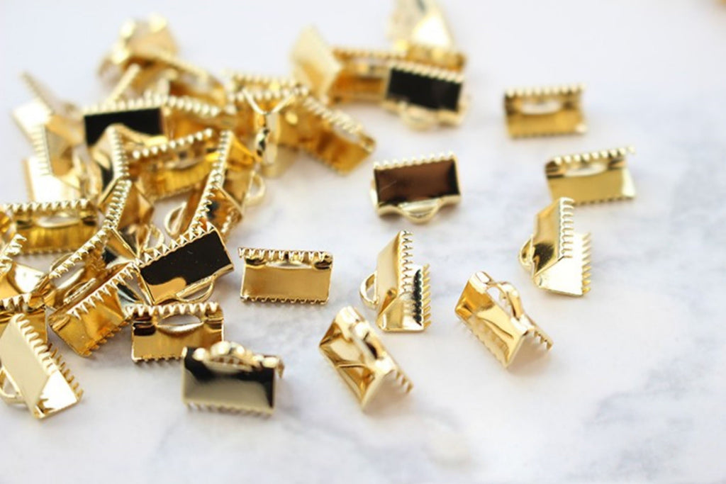 10pcs Ribbon Crimp End Caps, Ribbon Pinch Clasp 14K Gold Plated, 6mm,10mm,13mm,20mm,25mm, Jewellery Making Findings ZZ064