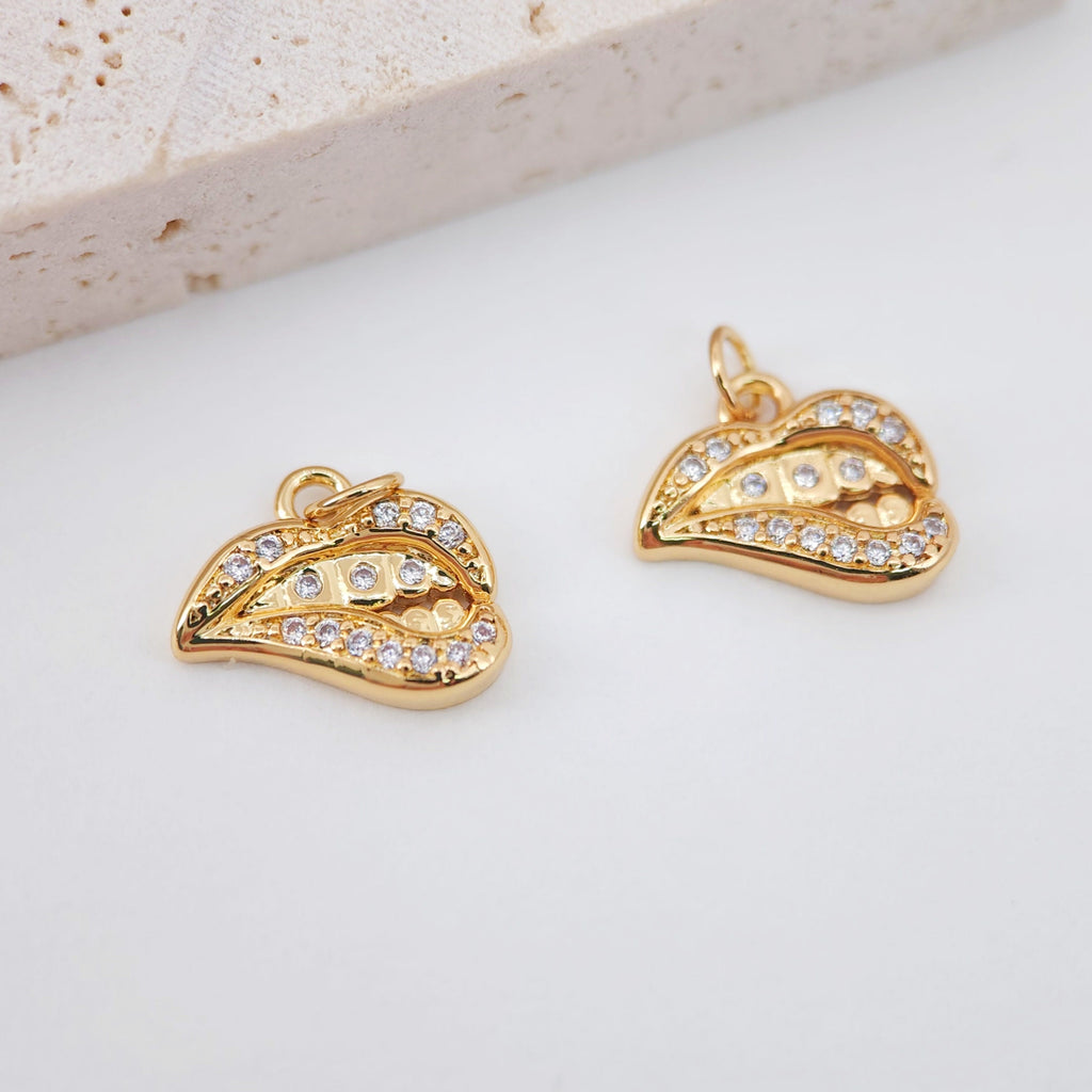 Biting Lip Charm, Pac-Man Pendant, 18K Gold Plated, CZ Pave Charms, for Jewelry Findings S919