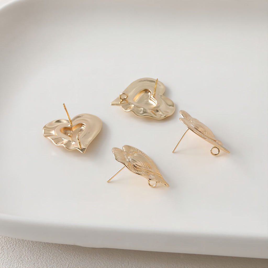 Gold Heart Earring Post, 14K Gold/Silver Nickel Free Earrings, S925 Silver Ear Pins, 20mm, Heart Shape Ear Stud with Loop JJ023