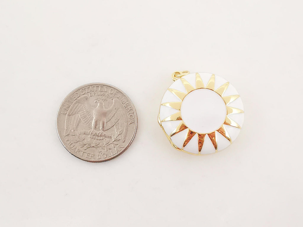 Locket Charm, Enamel Sun, 18K Gold Plated Round Pendant, 25mm, Necklace Making Charm, Jewelry Findings S20296