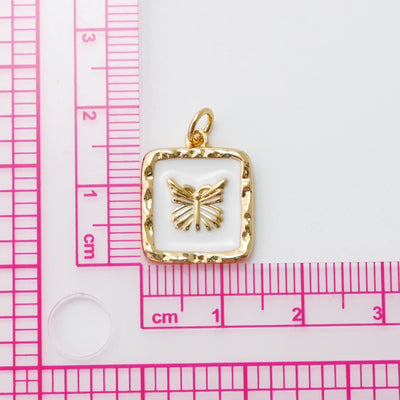 White Enamel Square Charm, Butterfly, Rose, 18K Gold Plated, Necklace Bracelet Making Pendant S20775