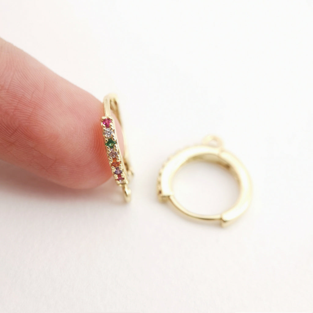Rainbow Pave Cubic Ear Hoops Multicolor Pave Crystal , 14mm, 18K Gold Plated Leverback Earrings, Huggie Hoops Earring D0145