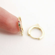 Load image into Gallery viewer, Rainbow Pave Cubic Ear Hoops Multicolor Pave Crystal , 14mm, 18K Gold Plated Leverback Earrings, Huggie Hoops Earring D0145