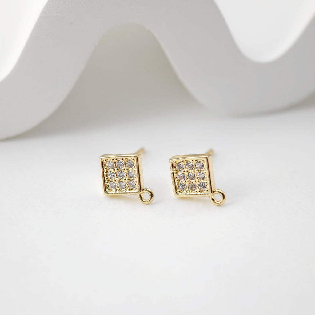 Square Post with Loop, Pave CZ, 18K Gold, S925 Silver Pin Nickel Free Earrings, Hypoallergenic Earring Findings D0221