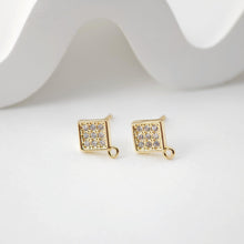 Load image into Gallery viewer, Square Post with Loop, Pave CZ, 18K Gold, S925 Silver Pin Nickel Free Earrings, Hypoallergenic Earring Findings D0221