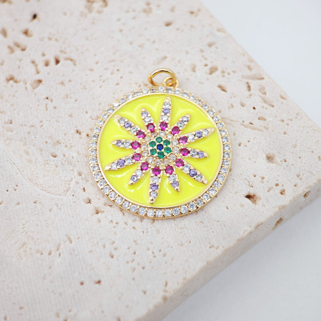 Enamel Sun Charm, Cubic Sunshine Round Pendant, 18K Shiny Gold Plated Micro CZ Pave, 25mm, Necklace Making Charm, Jewelry Findings S1084