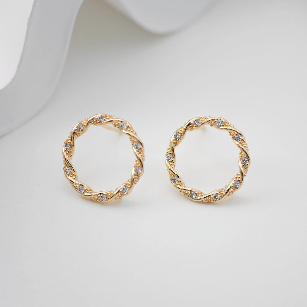 18K Gold Round Post With Loop, CZ Pave, S925 Silver Pin, Openwork Round Stud Nickel Free, 15mm, Hypoallergenic Earring Findings ZX205