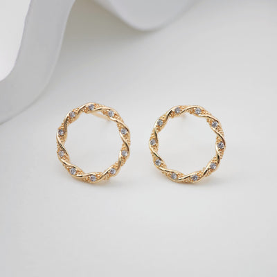 18K Gold Round Post With Loop, CZ Pave, S925 Silver Pin, Openwork Round Stud Nickel Free, 15mm, Hypoallergenic Earring Findings ZX205