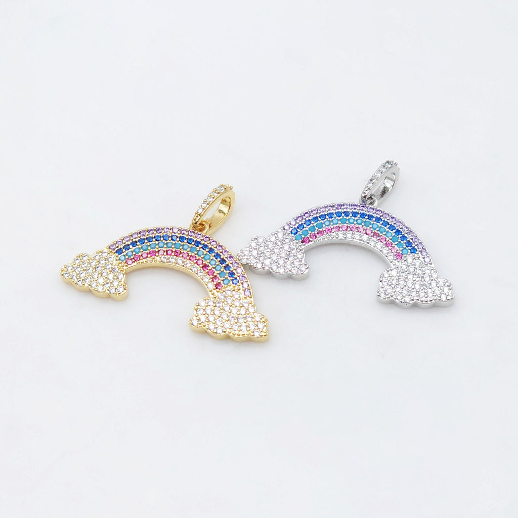 Dainty Rainbow Cloud Charm, Colorful Micro CZ Pave Rainbow Pendant, 36mm, 18K Gold Plated, Necklace Making Charm, Jewelry Findings S20476