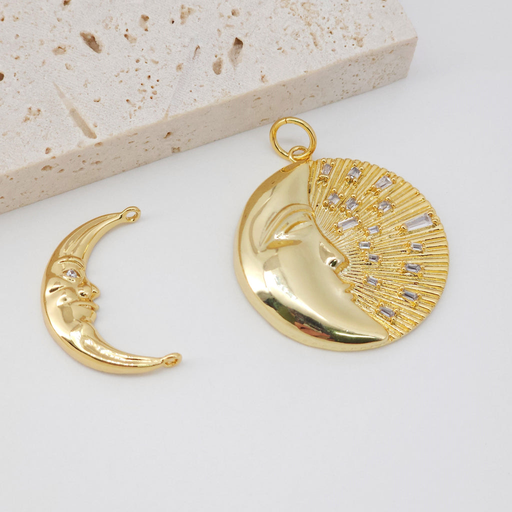 Moon Charm, Crescent Double Loop Connector Pendant, 18K Gold Plated Face Charm, 24x17mm, Necklace Making Charm, Jewelry Findings S106