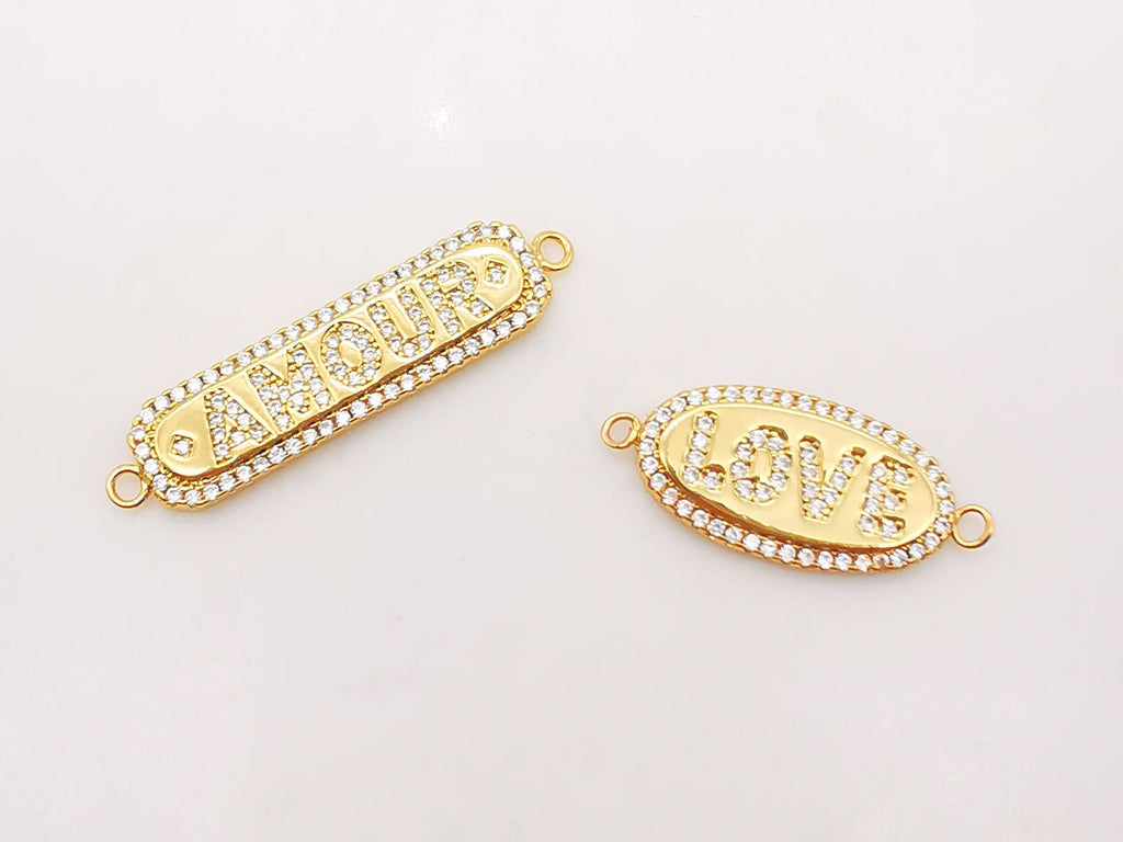 AMOUR/LOVE Chain Connector, 18K Gold Connector, Necklace Bracelet Love Charm,  Micro CZ Pave Connector, Jewelry making Supplies, S921