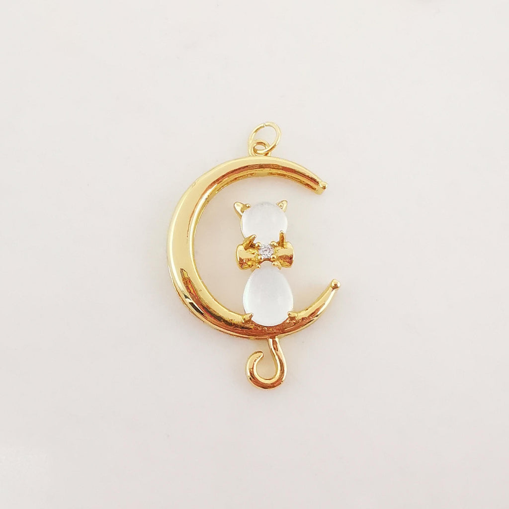 Dainty Cat on Moon Charm, CZ Pave Moon Pendant, Crystal Cat Multi Color, 18K Gold Plated, Necklace Pendant Findings S20278