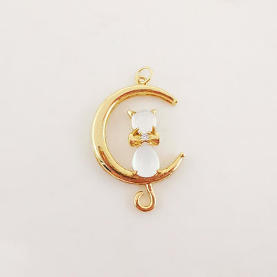 Dainty Cat on Moon Charm, CZ Pave Moon Pendant, Crystal Cat Multi Color, 18K Gold Plated, Necklace Pendant Findings S20278