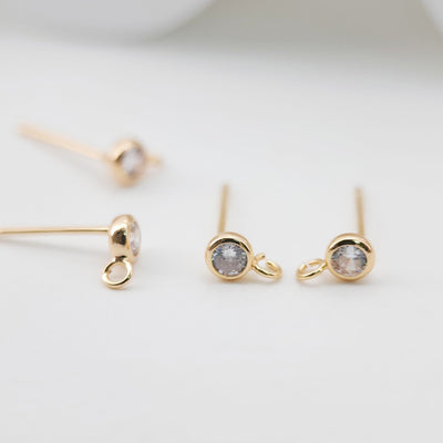10PCS Tiny Ear Post with Loops, S925 Silver Ear Pin Nickel Free, Micro CZ Pave, 4mm/6mm, 14K Gold Plated Stud Earring Finding Z039