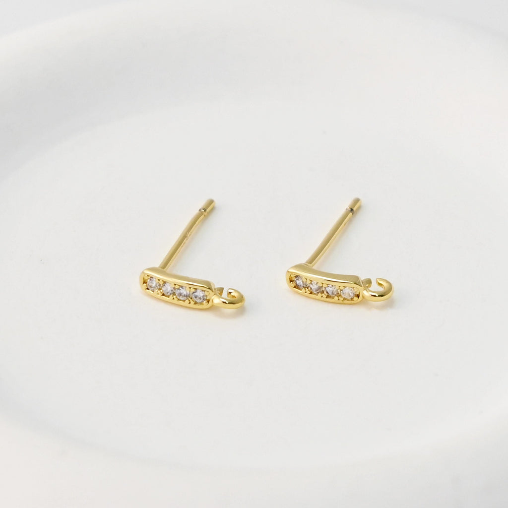 CZ Pave Rectangular Earring Post With Loop, S925 Silver Pin Nickel Free Post, 18K gold Plated, Hypoallergenic Earring Findings S1461