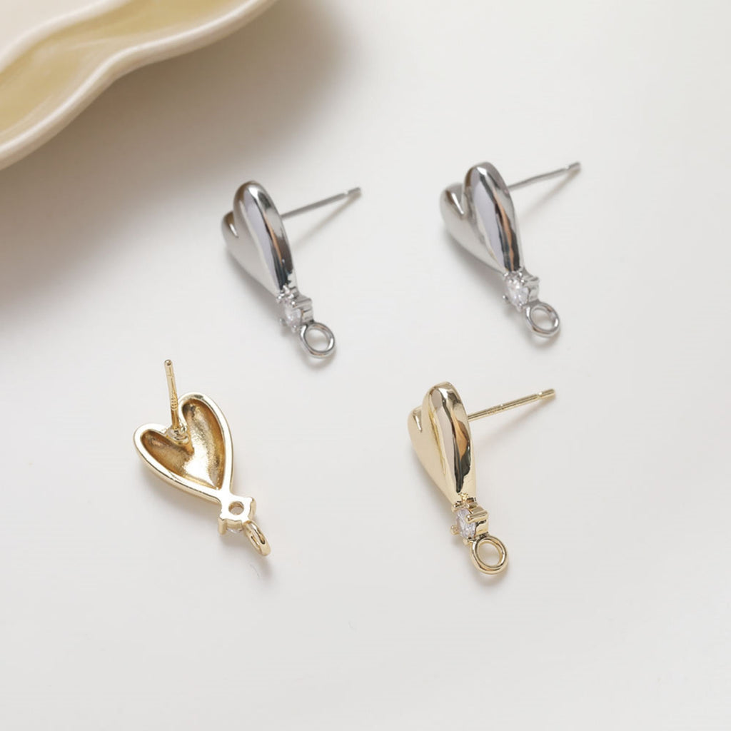 Gold Polished love heart CZ Earring Post,  14K Gold Nickel Free Earrings, S925 Silver Ear Pins, 20mm, Heart Shape Ear Stud with Loop bb137